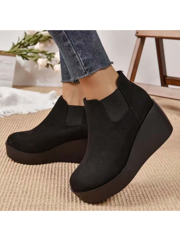 Retro Suede Ankle Boots Slip On Round Toe Chunky Low Heel Platform Booties Comfort Casual Footwear For Daily Wear Black 36