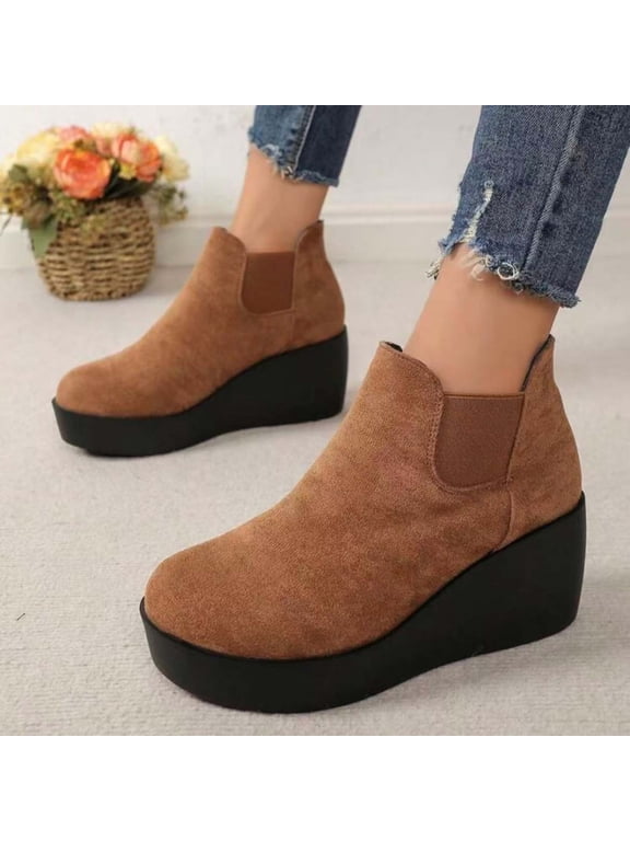 Retro Suede Ankle Boots Slip On Round Toe Chunky Low Heel Platform Booties Comfort Casual Footwear For Daily Wear Brown 36