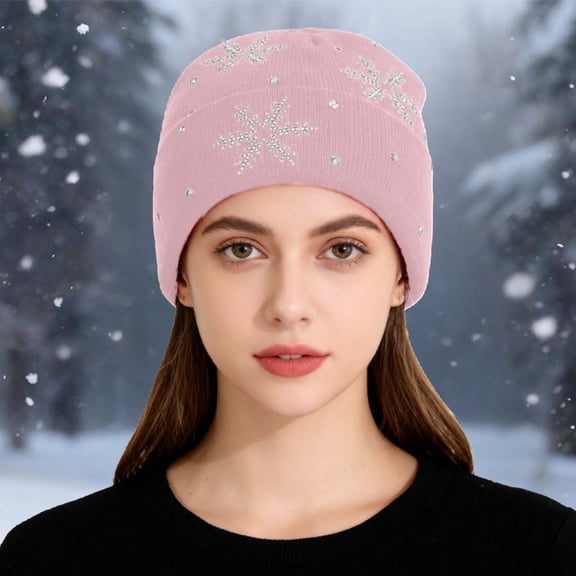 KANG Snowflake Encrusted Knitted Hats Autumn And Winter Warm Cold Hats Knitted Woolen Hats For And Pink One Size
