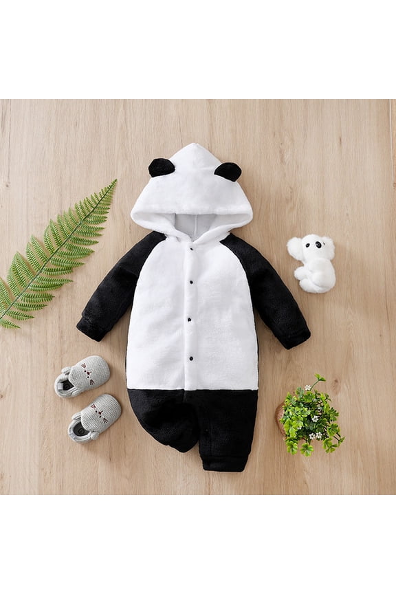 Soft Flannel Baby Romper Jumpsuit With Adorable Panda Hood Cozy Winter Outfit Indoor Outdoor Playwear