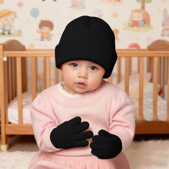 KANG Soft Kids Winter Hat With Mittens For Boys Girls Infant Toddler Youth Cold Weather Fleece Lined Cap And Black One Size