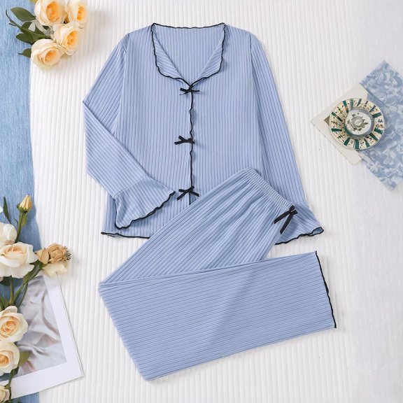 KANG Soft Pajama Long Sleeve Top With Comfortable Pants Breathable Loungewear For Cozy Sleep And Relaxing At Home Blue M