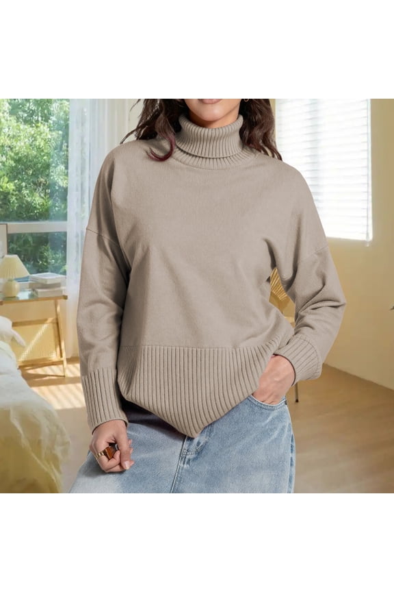 Split Hem Oversized Knit Pullover Sweater Soft High Neck Casual Winter Long Sleeve Crewneck Loose Fit Comfortable Fall Fashion