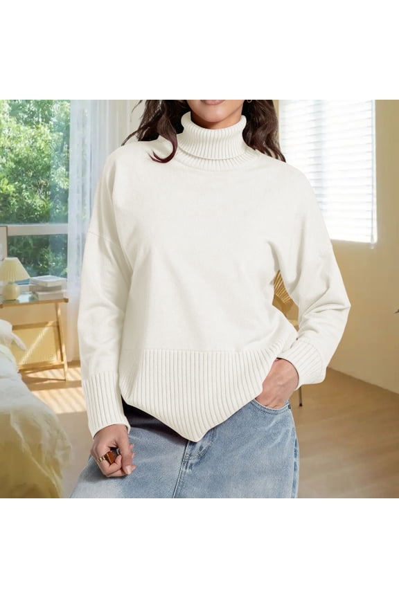 Split Hem Oversized Knit Pullover Sweater Soft High Neck Casual Winter Long Sleeve Crewneck Loose Fit Comfortable Fall Fashion