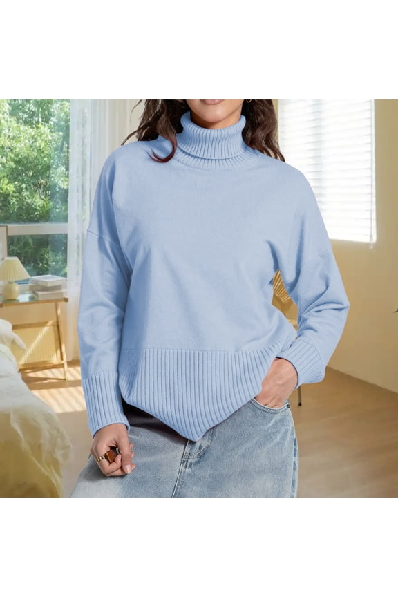 Split Hem Oversized Knit Pullover Sweater Soft High Neck Casual Winter Long Sleeve Crewneck Loose Fit Comfortable Fall Fashion