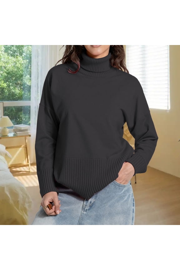 Split Hem Oversized Knit Pullover Sweater Soft High Neck Casual Winter Long Sleeve Crewneck Loose Fit Comfortable Fall Fashion