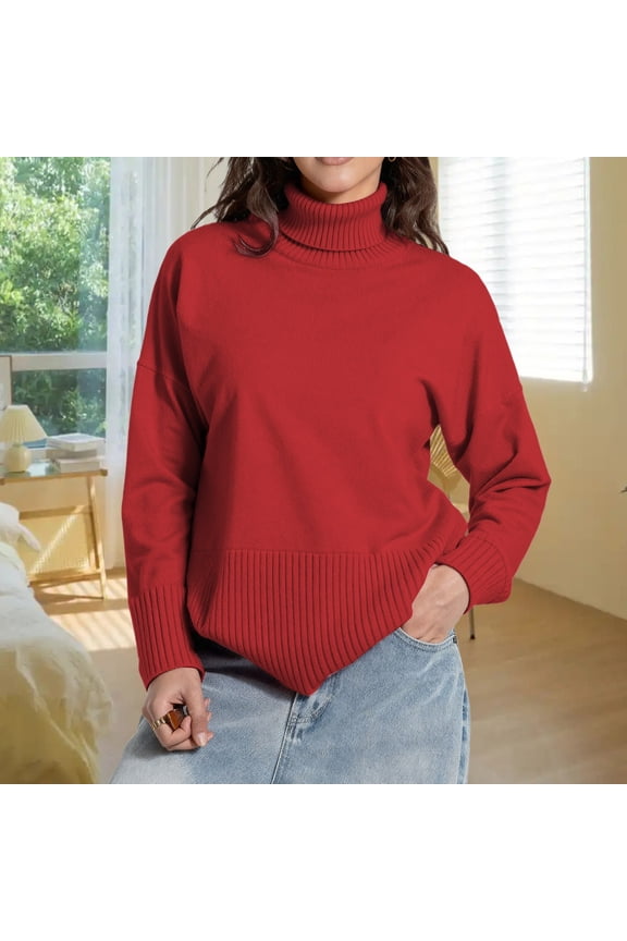 Split Hem Oversized Knit Pullover Sweater Soft High Neck Casual Winter Long Sleeve Crewneck Loose Fit Comfortable Fall Fashion