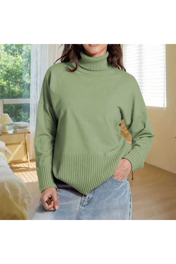 Split Hem Oversized Knit Pullover Sweater Soft High Neck Casual Winter Tunic Top For Ladies Cozy Fall Fashion Comfort Wear