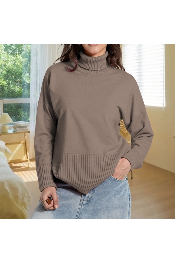 Split Hem Oversized Knit Pullover Sweater Soft High Neck Casual Winter Tunic Top For Ladies Cozy Fall Fashion Comfort Wear