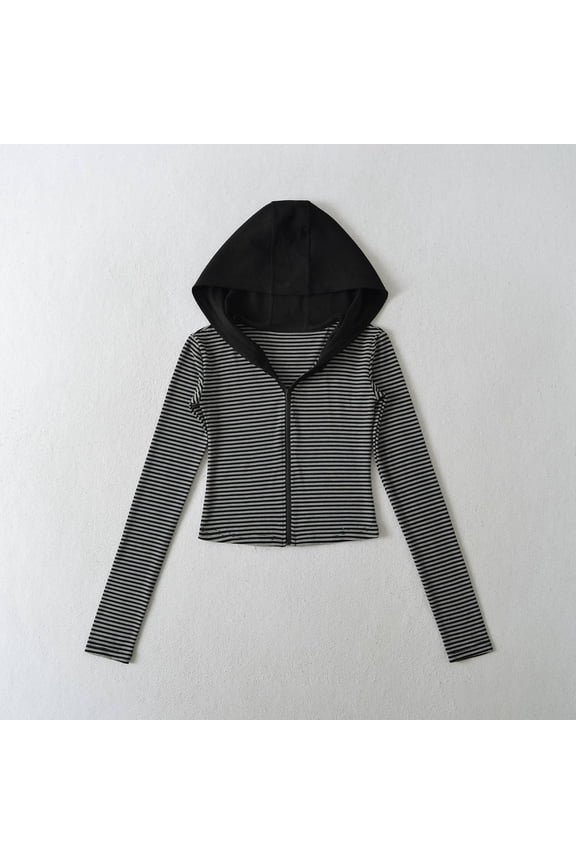 Striped Hooded Sweatshirt Hot Short Casual Long Sleeve Jacket