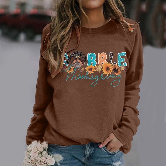 KANG Thanksgiving Print Long Sleeve Crewneck Sweatshirt Fall Casual Pullover Top Soft Comfortable Loungewear Shirt For Holiday Season Cozy Everyday Wear
