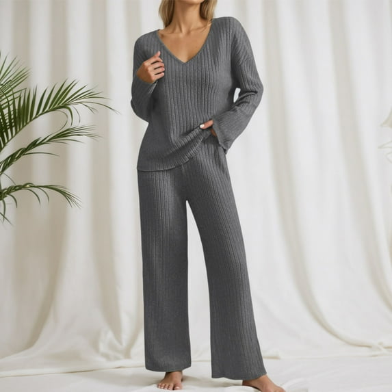 KANG Two Piece Women's Loungewear Pyjama Set Elegant Ribbed Homewear Autumn Outfit Loose Long Sleeve V Neck Tops Wide Leg Trousers Sets Sleepwear Leisure Leisure Suit