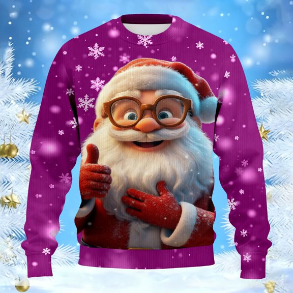 KANG Unisex Heavyweight Winter Print Sweater Soft Fleece Lined Crewneck Pullover Long Sleeve Casual Streetwear For Fall Holiday Comfortable Relaxed Fit Purple M