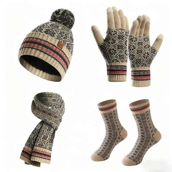 KANG Winter Adult Men's And Women's Knitted Scarf Warm Christmas Hat Scarf Gloves And Socks Four Piece Set