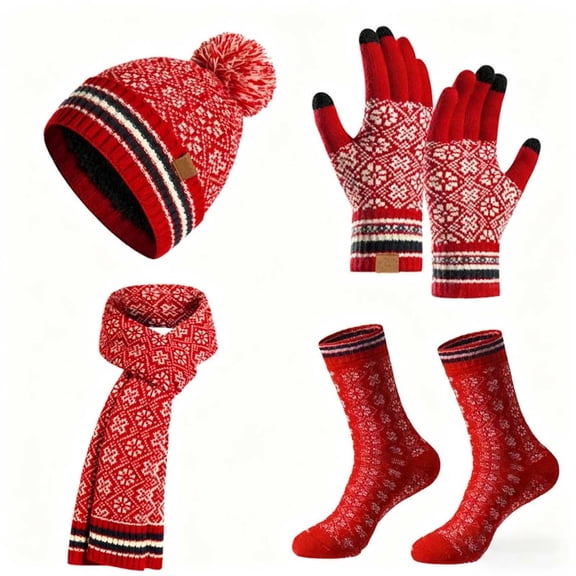 KANG Winter Adult Men's And Women's Knitted Scarf Warm Christmas Hat Scarf Gloves And Socks Four Piece Set