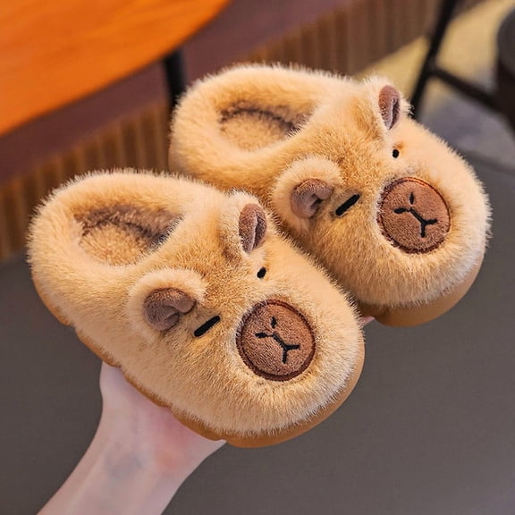 KANG Winter Girls Slippers Cozy Fleece Lined Shoes For Children Soft Indoor Outdoor Warm Toddler Footwear With Cute Capybara Design