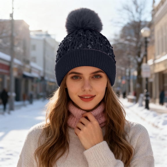 KANG Winter Glitter With Ear Hat For Cap Cold Weather Black B