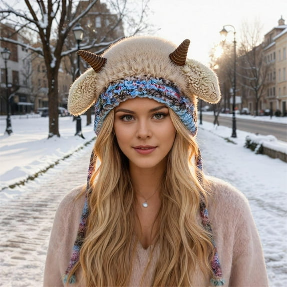 KANG Winter Hat With Baatable Ear Soft Fleece Lined Cozy Cap Adorable Sheep Horns Cold Weather OutdoorKhakiOne Size