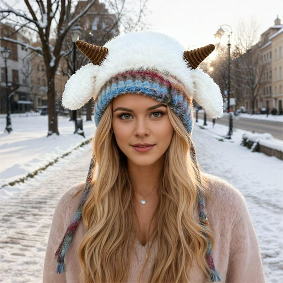 KANG Winter Hat With Baatable Ear Soft Fleece Lined Cozy Cap Adorable Sheep Horns Cold Weather OutdoorWhiteOne Size