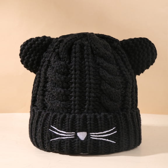 KANG Winter Kids With Cat Ears Cozy Knitted Hat For Boys Girls Outdoor Warm Fleece Lined Cap For Baby Toddler Children Cold Weather Black One Size