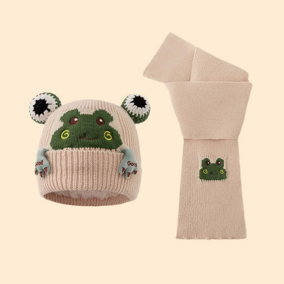 KANG Winter Knitted Hat And Scarf For Kids With Frog Embroidery Soft Yarn Baby And Neck Warmer For Cold Weather