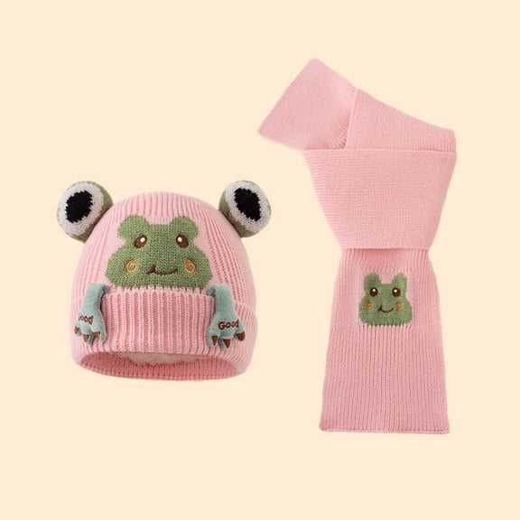 KANG Winter Knitted Hat And Scarf For Kids With Frog Embroidery Soft Yarn Baby And Neck Warmer For Cold Weather