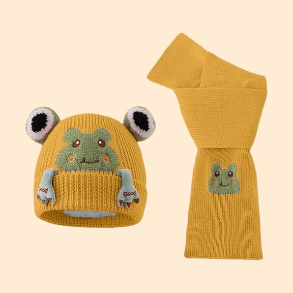 KANG Winter Knitted Hat And Scarf For Kids With Frog Embroidery Soft Yarn Baby And Neck Warmer For Cold Weather