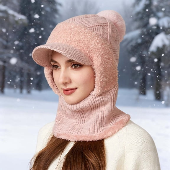 KANG Winter Knitted Hat With Ear And Face Outdoor Cycling Warm Scarf Neck Warmer Cold Weather Pink One Size