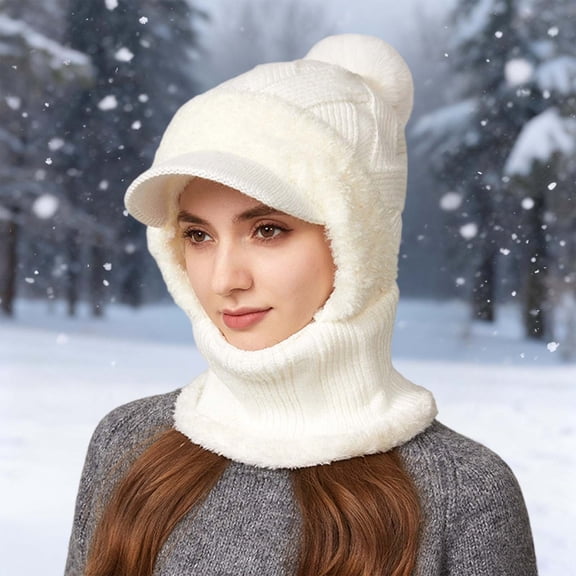KANG Winter Knitted Hat With Ear And Face Outdoor Cycling Warm Scarf Neck Warmer Cold Weather White One Size