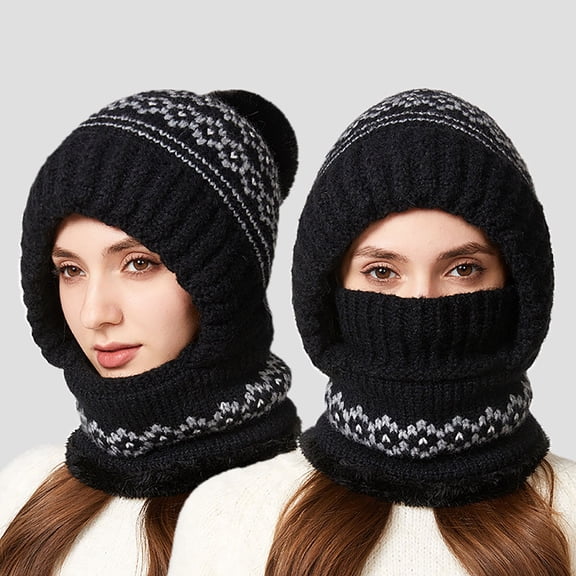 KANG Winter Knitted Hat With Scarf For Warm Fleece Lined Ear Trapper Cap Cold Weather With Neck For Outdoor Activities Black One Size