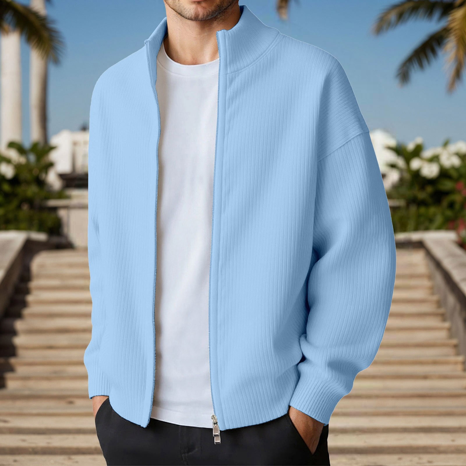 Jacket Without Hand Rib KANG Winter Solid Color Rib Knit Double Zipper Casual Jacket Without ...