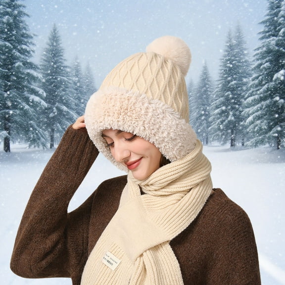 KANG Winter Thermal Scarf Hat Fleece Lined Knitted Ear For Outdoor Activities Cold Weather