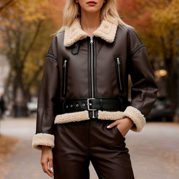 KANG Women Faux Lined Collar Double Faced Short Casual Jacket Warm Thickened Winter Fall Coat Outerwear For Daily Comfort