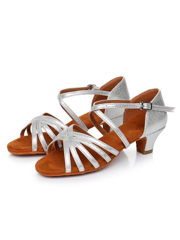 Women Ladies Low Dancing Ballroom Tango Latin Shoes Sandals Silver 40