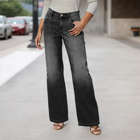 KANG Women Wide Leg Jeans For Casual High Waisted Strechy Straight Leg Loose Denim Pants With Pocket