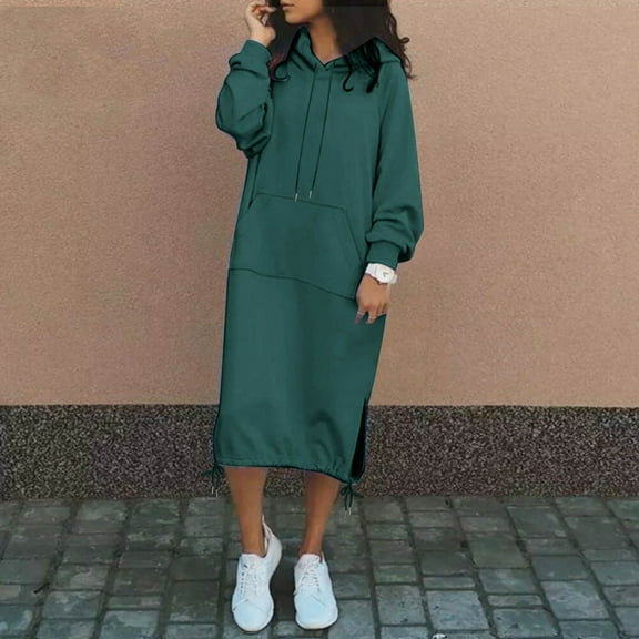 KANG Women's Fall Sweatshirt Dresses Casual Long Sleeve Loose Pullover Hoodies Drawstring Split Hem Midi Dress With Pocket