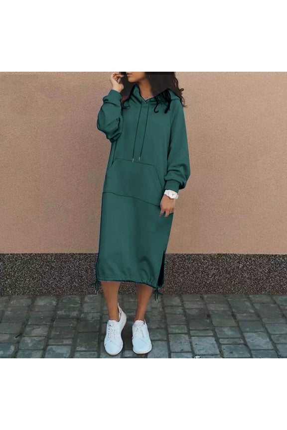 Women's Fall Sweatshirt Dresses Casual Long Sleeve Loose Pullover Hoodies Drawstring Split Hem Midi Dress With Pocket