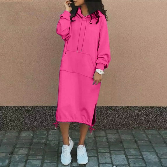 KANG Women's Fall Sweatshirt Dresses Casual Long Sleeve Loose Pullover Hoodies Drawstring Split Hem Midi Dress With Pocket