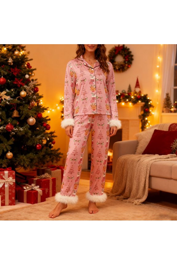Women's Fashion Print Lape Pajamas Long Sleeve Top Long Pants Two SetPinkS