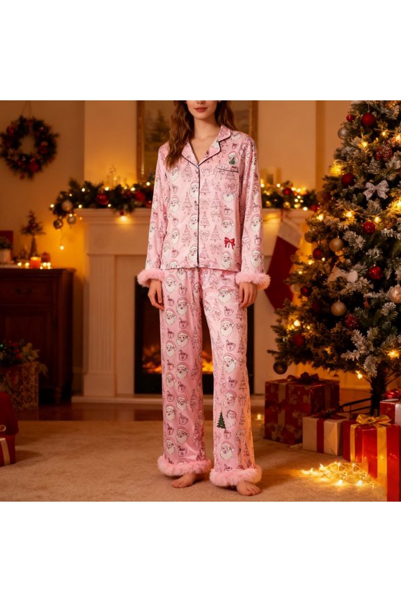 Women's Fashion Print Lape Pajamas Long Sleeve Top Long Pants Two SetRedM