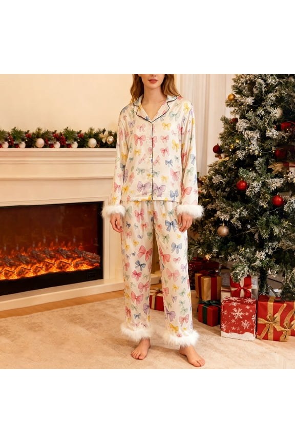 Women's Fashion Print Lape Pajamas Long Sleeve Top Long Pants Two SetWhiteS