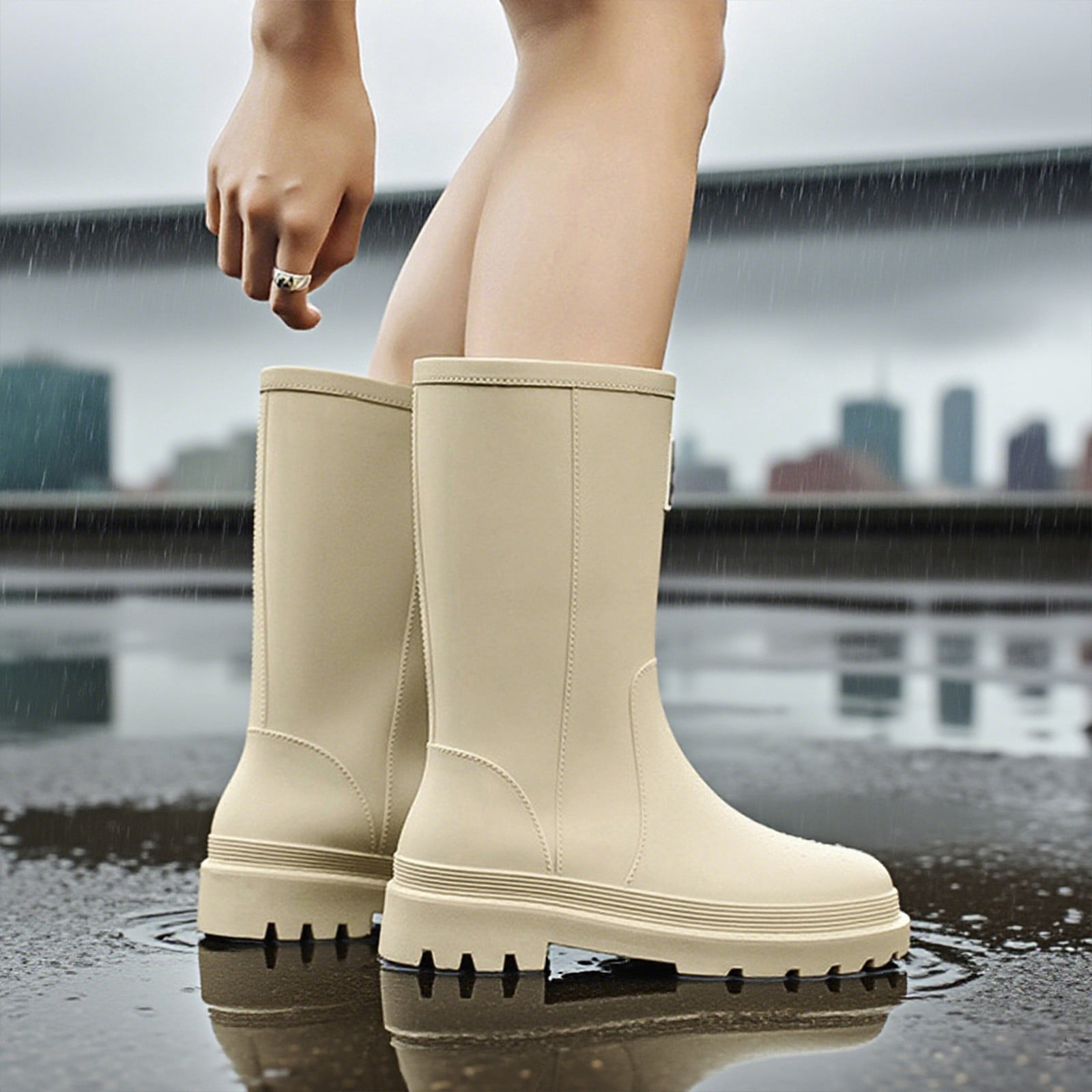 KANG Women's Mid Calf Rain Boots Slip Fashion Rubber Shoes With Thick Sole Rain Boots Collar Gardening Boots Ultra Lightweight Portable Garden Shoes