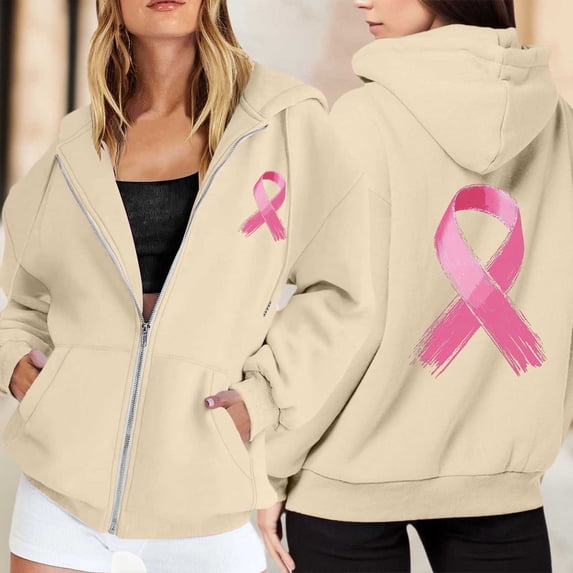 KANG Women's Zip Up Hoodie Fleece Pullover Breast Cancer Awareness Month Long Sleeve Pocket Drawstring Casual Sweatshirt For Everyday Wear