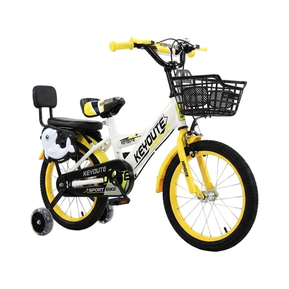 KANGDAR Kids Bike 12 Inch Children Bicycle with Training Wheels, Front Basket and Backrest, Yellow Sport Bike for Boys Girls Age 3-8