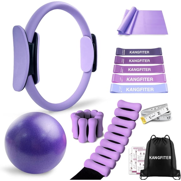 KANGFITER Pilates Equipment Kit for Home Workout, Pilates Ring and Ball Set with Adjustable Ankle Wrist Weights, Resistance Bands, Tape Measure, Bag, Pilates Essentials Accessories for Women Yoga