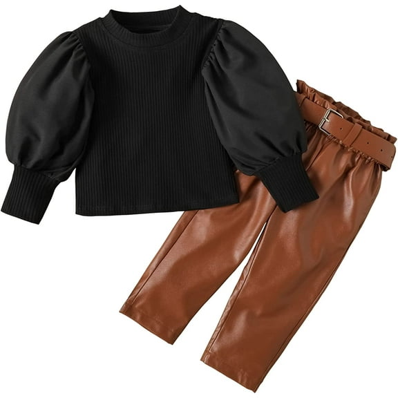 KANGKANG Toddler Girl Fall Outfits Puff Sleeve Ribbed Tops + Pants 2Pcs Girls Fashion Outfits 5-6T