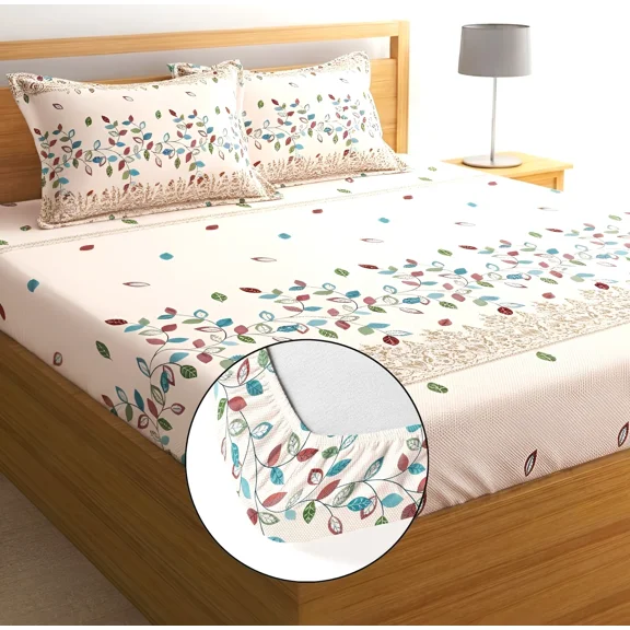 KANHADECOMART 3-Piece 244 Thread Count Cream Leaf Printed Cotton Fitted Bedsheet, Double - Elastic