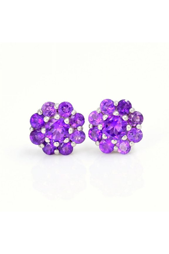 Amethyst Cluster Stud Earrings, Blue Elegant Jewelry for Women in Yellow Gold Finish