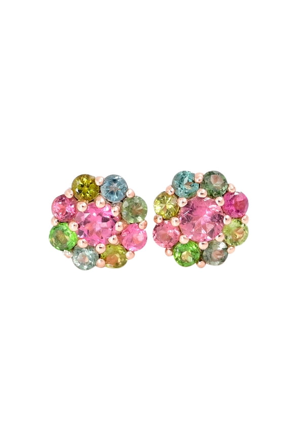 Multi Tourmaline Cluster Stud Earrings, White Elegant Jewelry for Women in Gold Finish