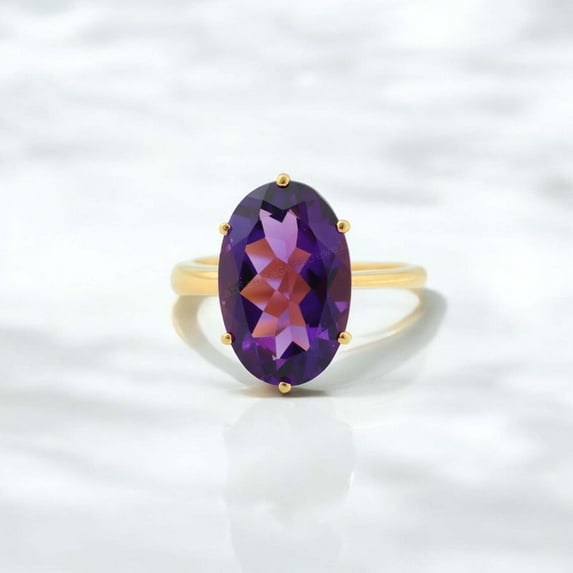 KANISHKAGEMS&JEWELS 2.50 Ct / 16x12 mm Oval Cut Amethyst Solitaire Ring Yellow Gold Plated Silver Engagement Ring December Birthstone Gift For Her